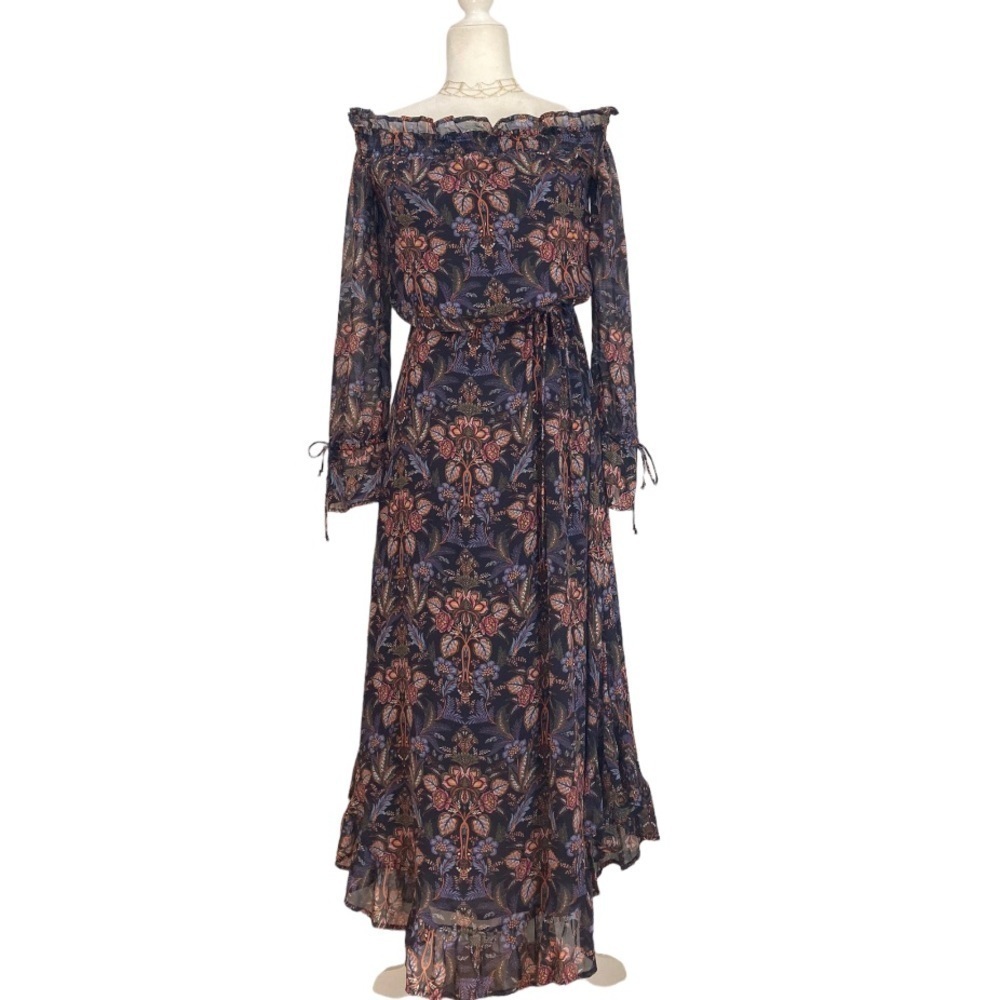 ECRU Clothing Silk Floral Ruffle Maxi Dress On or off Shoulder - Picture 10 of 11